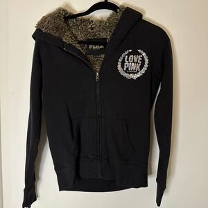 Y2K Vintage Victoria's Secret Pink Sequin Fur Zip Up Hoodie Sweatshirt Size XS